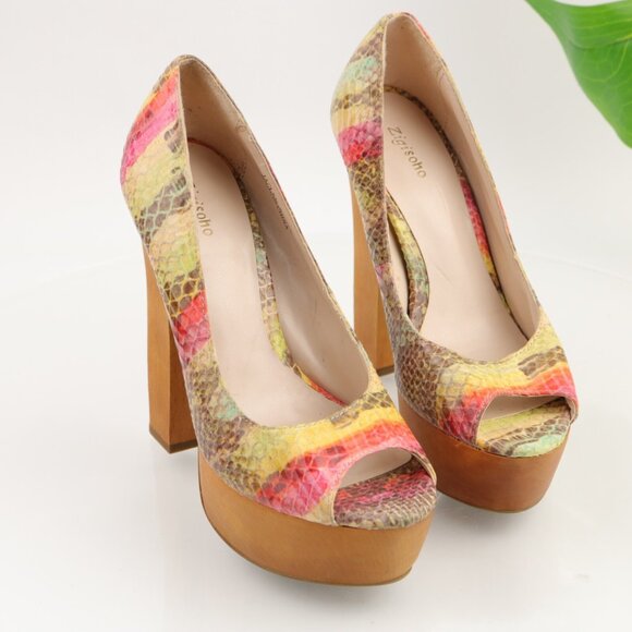 ZigiSoho Womens Jaclyn Pumps Size 8 Tan Red Python Wood Heel Platform Y2K Shoes - Picture 2 of 11